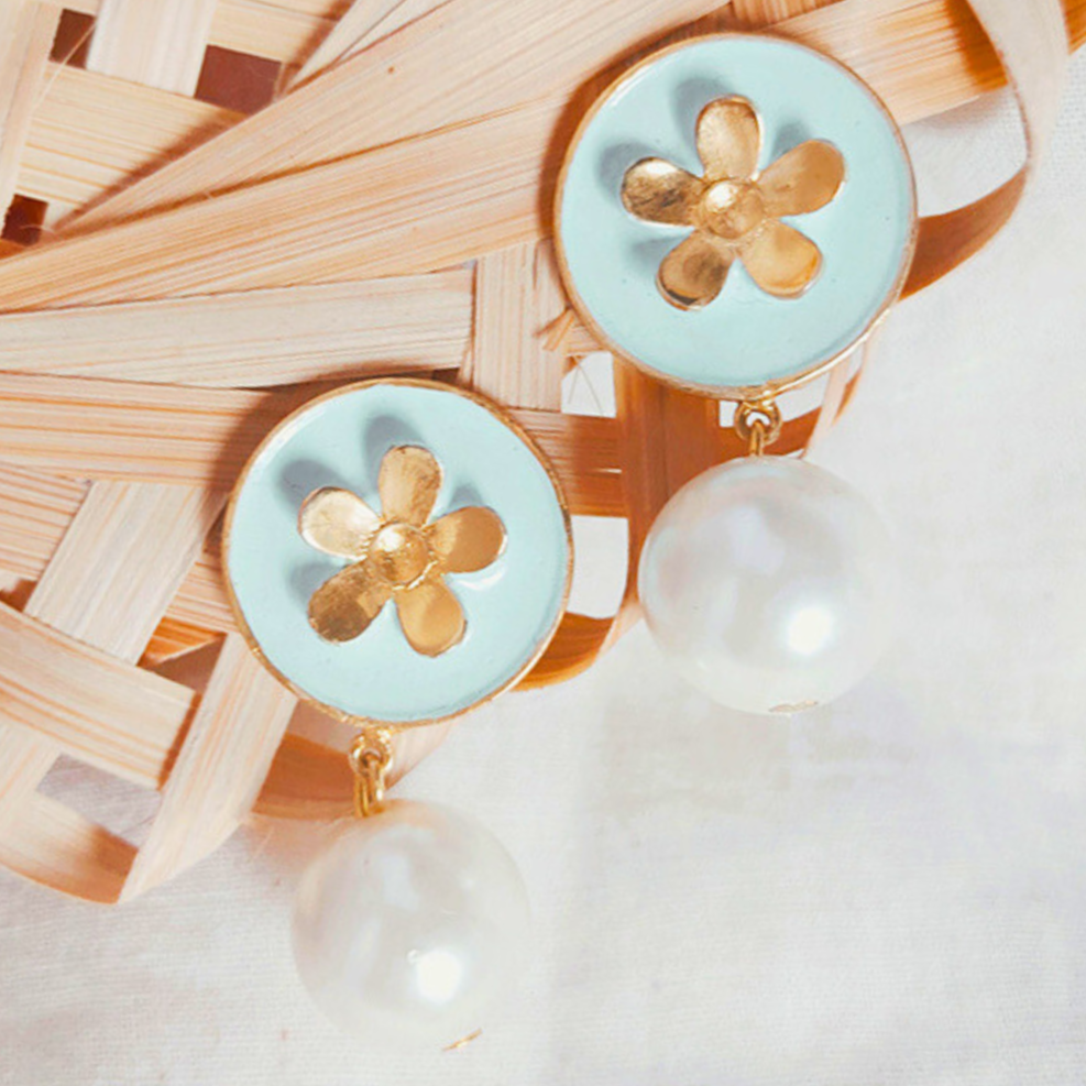 Sky-Blue-Pearl-Bloom-Meena-Drop Earrings