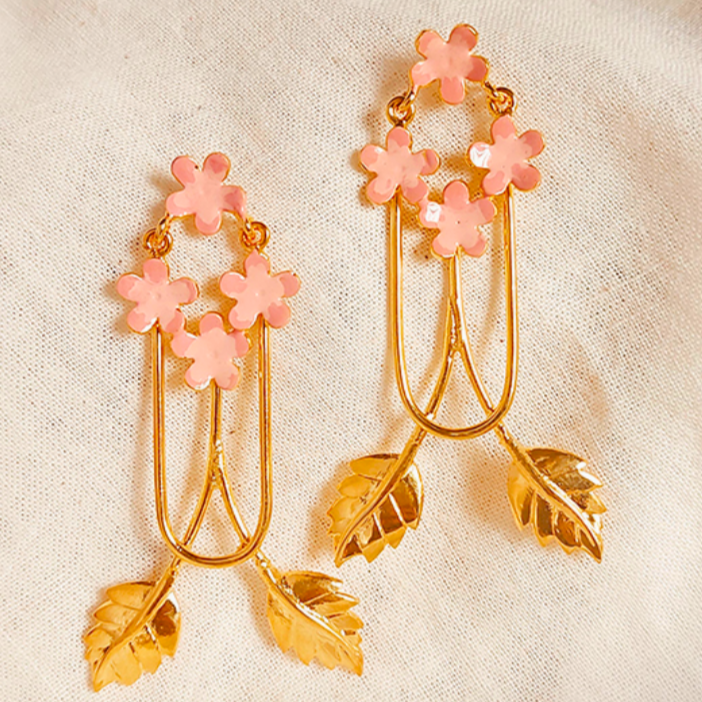 Pink-Enamel-Petal-and-Golden-Leaf -Earrings