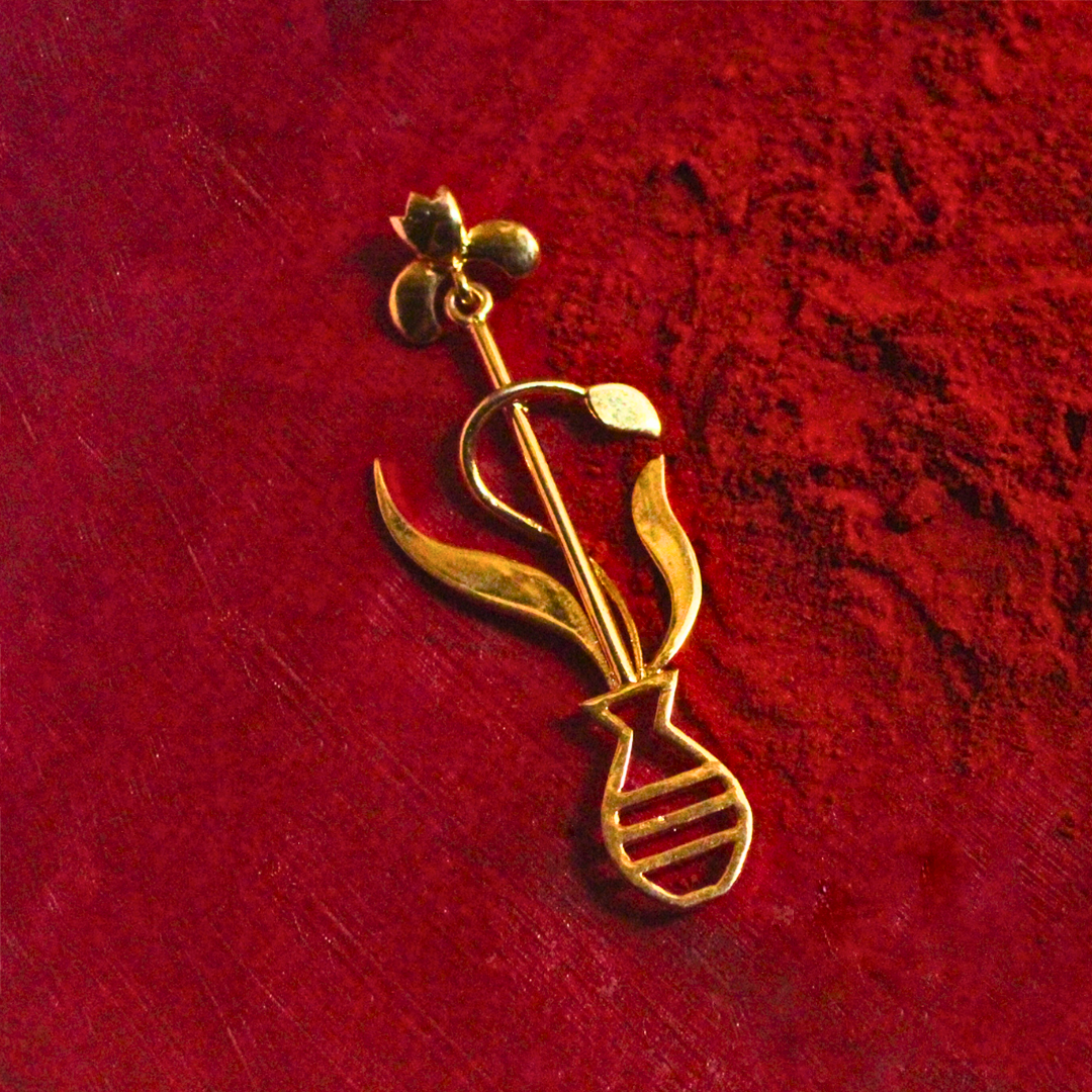 Gold-plated Floral Earrings with Leaf and Vase Design