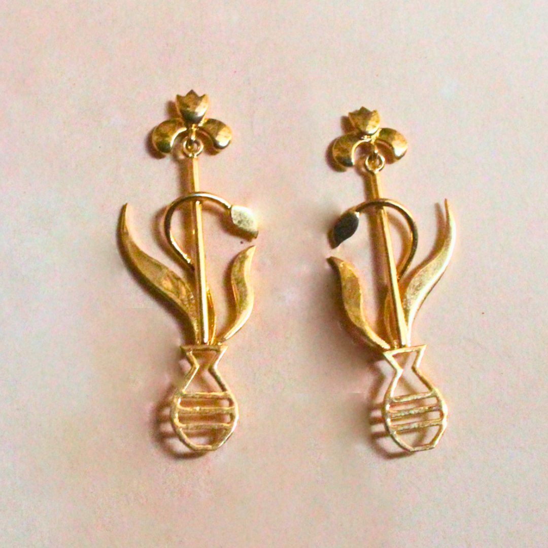 Gold-plated Floral Earrings with Leaf and Vase Design