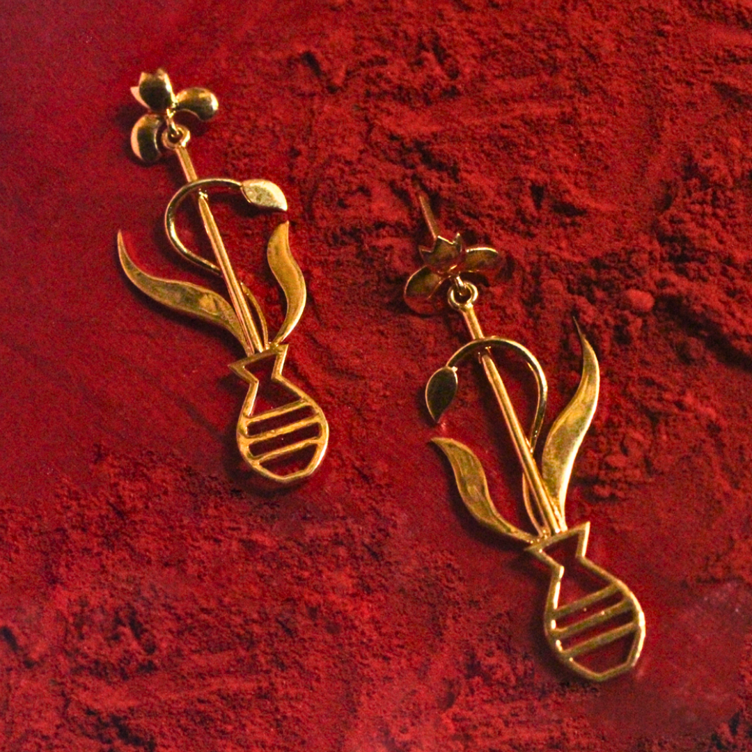 Gold-plated Floral Earrings with Leaf and Vase Design