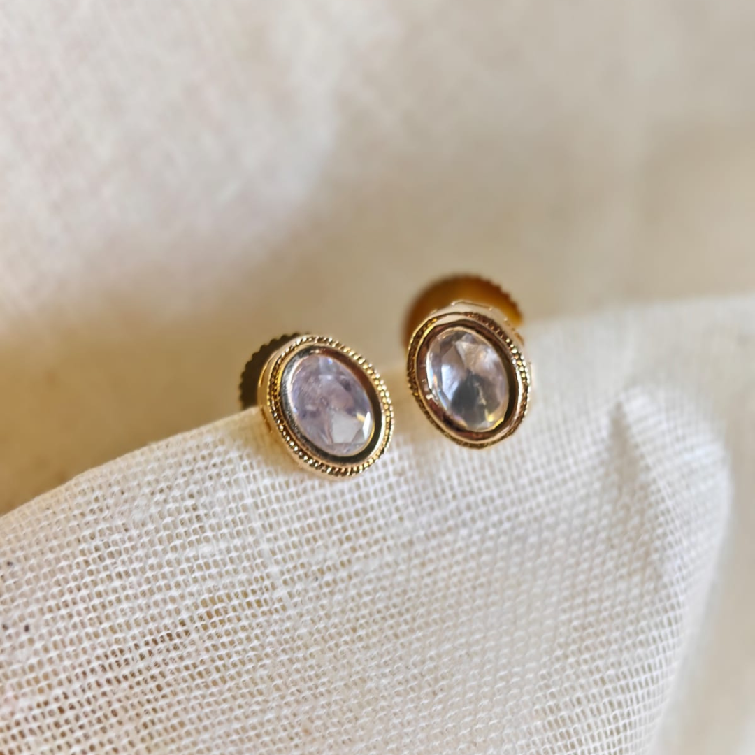 Handmade brass single stone Kundan studs with gold rhodium finish and Kundan stone