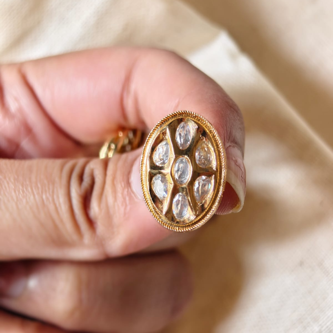 Handmade Oval Shape Kundan stud earrings in brass with 18K rhodium gold plating