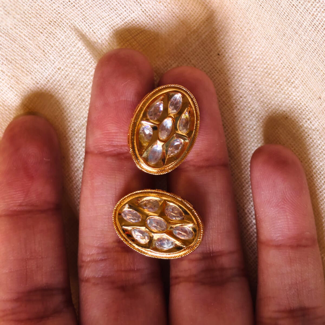 Handmade Oval Shape Kundan stud earrings in brass with 18K rhodium gold plating