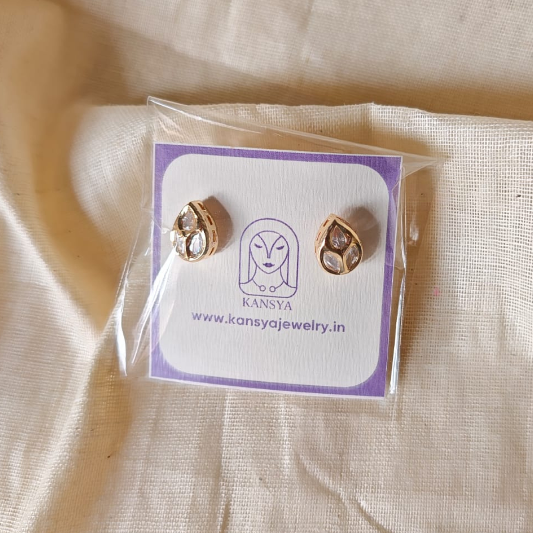 Handmade Drop Shape Kundan stud earrings in brass with 18K rhodium gold plating