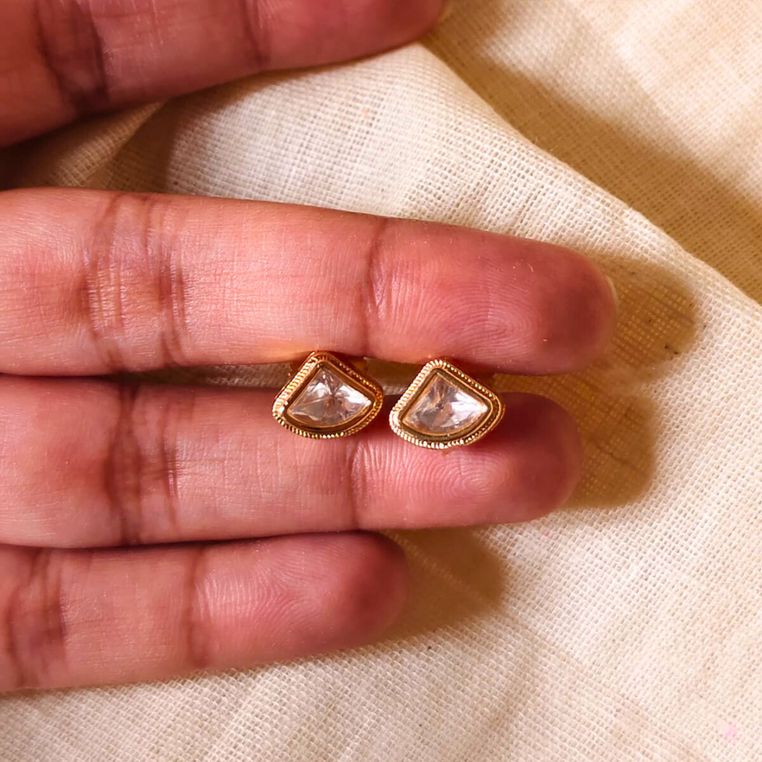 Handmade Triangle Shape Kundan stud earrings in brass with 18K rhodium gold plating