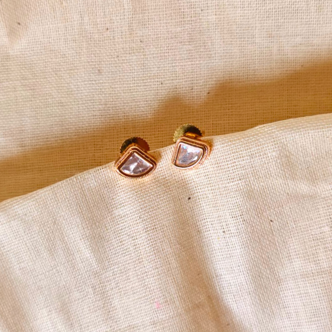 Handmade Triangle Shape Kundan stud earrings in brass with 18K rhodium gold plating
