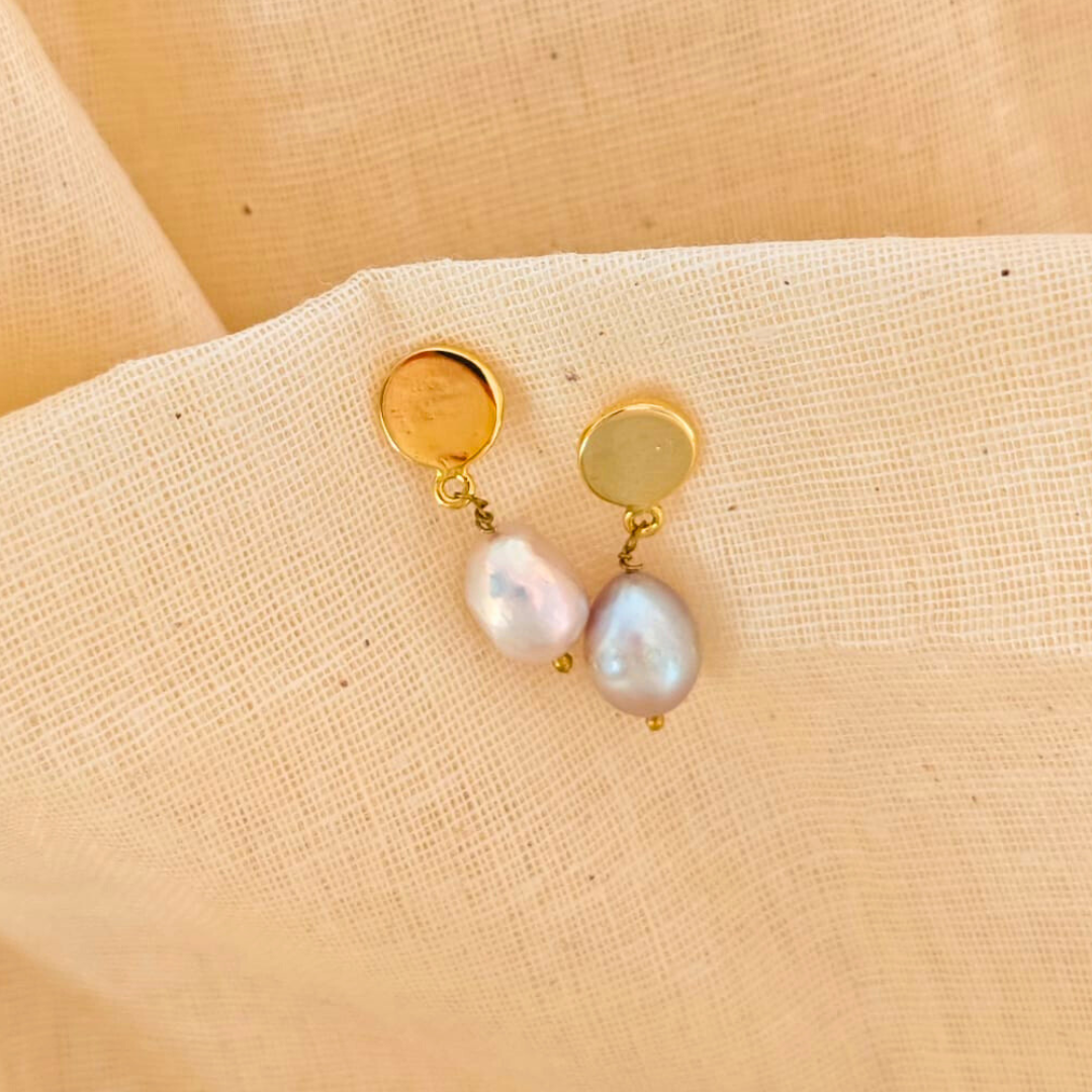 Golden Round Disk Pearl Drop Earrings Featuring Natural Freshwater Pearls and 18K Rhodium Gold Plating