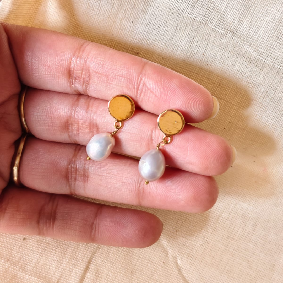 Golden Round Disk Pearl Drop Earrings Featuring Natural Freshwater Pearls and 18K Rhodium Gold Plating