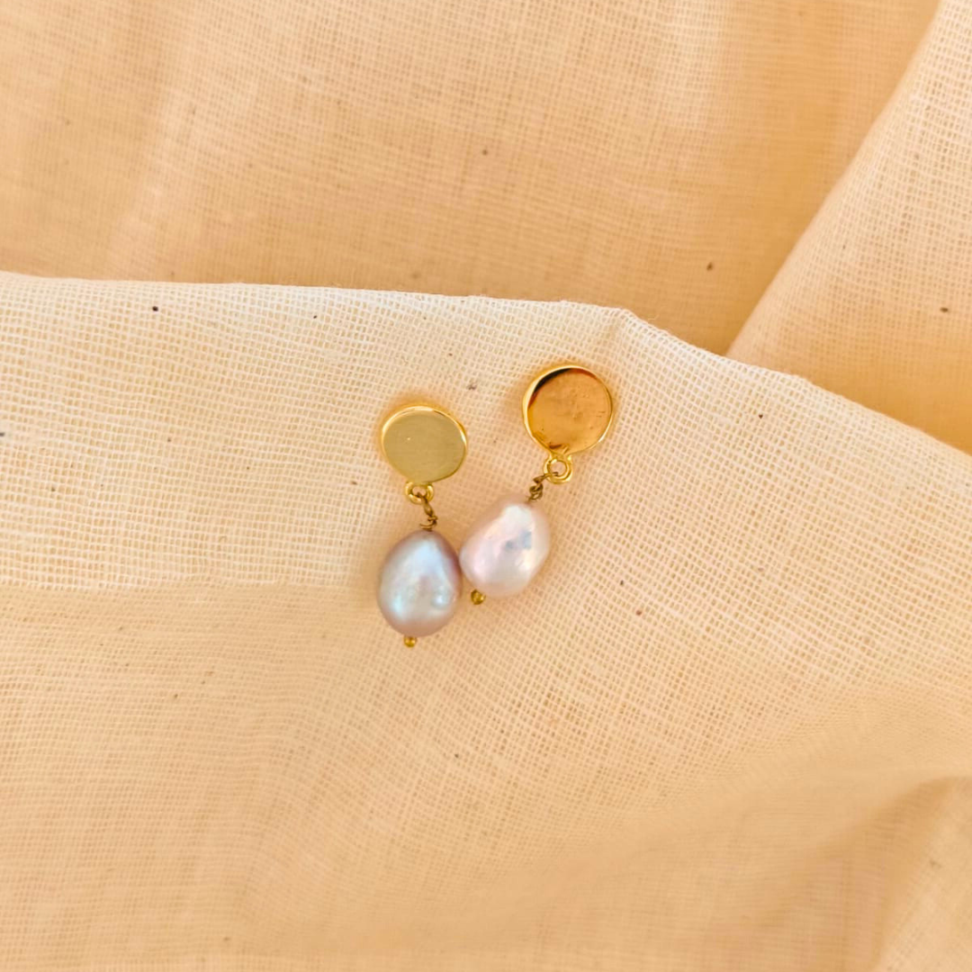 Golden Round Disk Pearl Drop Earrings Featuring Natural Freshwater Pearls and 18K Rhodium Gold Plating