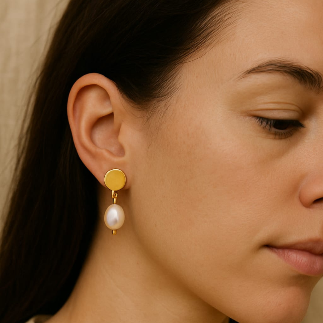 Golden Round Disk Pearl Drop Earrings Featuring Natural Freshwater Pearls and 18K Rhodium Gold Plating