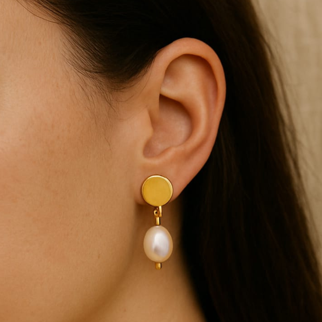 Golden Round Disk Pearl Drop Earrings Featuring Natural Freshwater Pearls and 18K Rhodium Gold Plating