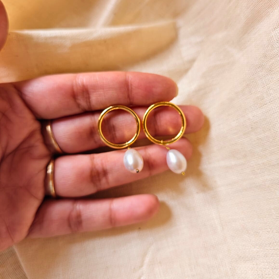 Gold Circular Hoop Earrings with Natural Freshwater Pearl Drops and 18K Rhodium Gold Plating