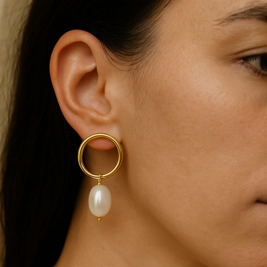 Gold Circular Hoop Earrings with Natural Freshwater Pearl Drops and 18K Rhodium Gold Plating