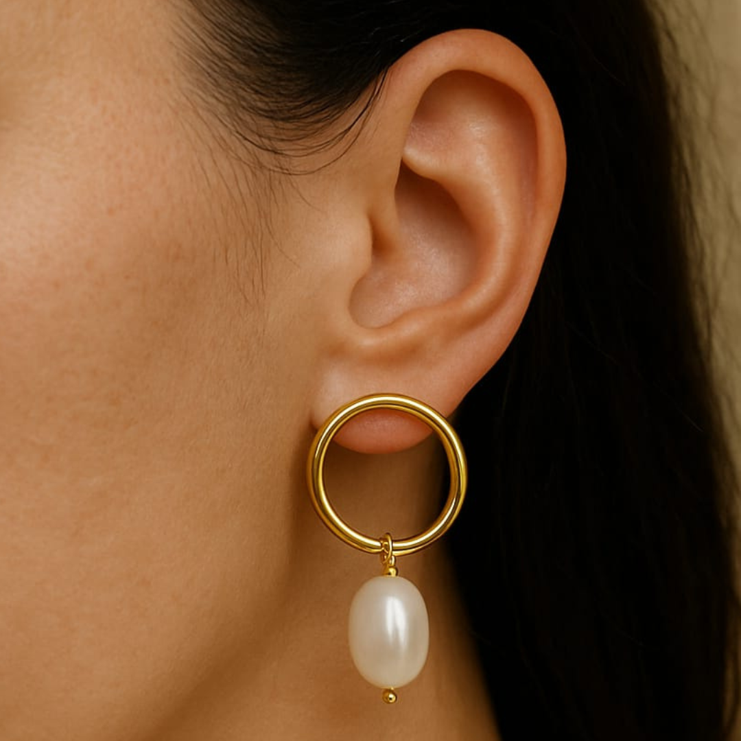Gold Circular Hoop Earrings with Natural Freshwater Pearl Drops and 18K Rhodium Gold Plating