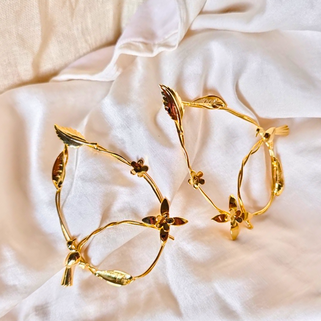 Gold Plated Earrings Featuring Intricate Floral, Leaf, and Bird Motifs