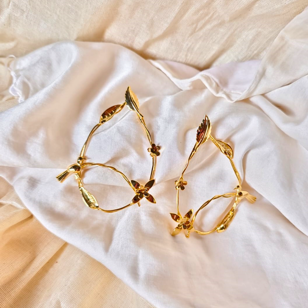 Gold Plated Earrings Featuring Intricate Floral, Leaf, and Bird Motifs