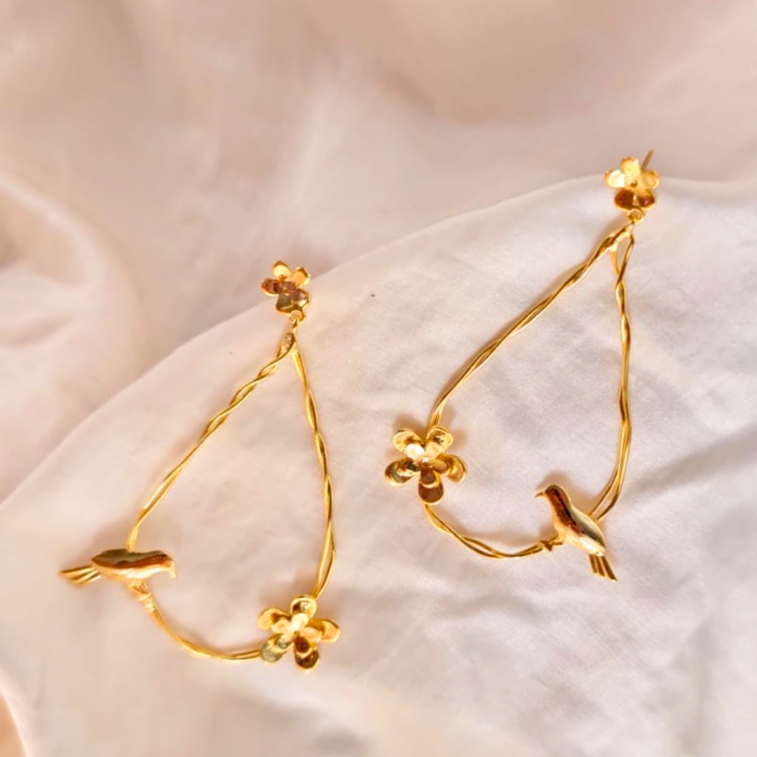 Gold Plated Teardrop Earrings with Twisted Wire Design, Adorned with Small Floral Accents and Perched Bird Motifs