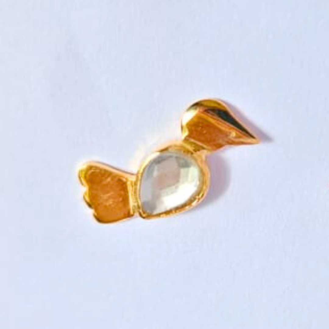 A pair of gold-plated bird-shaped stud earrings with faux kundan stones forming the body, handcrafted in brass