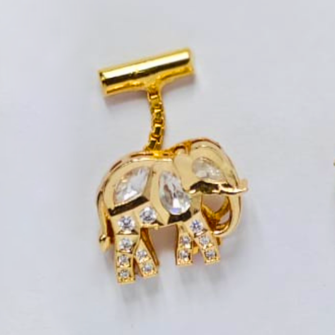 A pair of gold drop earrings shaped like elephants, embellished with sparkling Kundan stones on their bodies and legs, suspended from short vertical bars