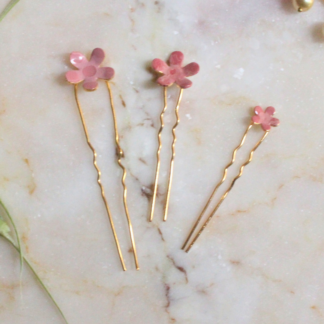 Set of three Pink Flower Enamel Hair Pins with delicate blush pink enamel flowers on gold-toned brass pins
