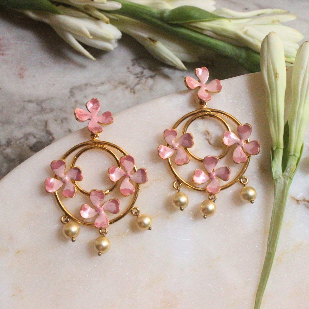 Pink Enamel & Small Pearl Dangler Earrings featuring blush pink floral motifs on dual gold hoops, accented with three dangling faux pearls
