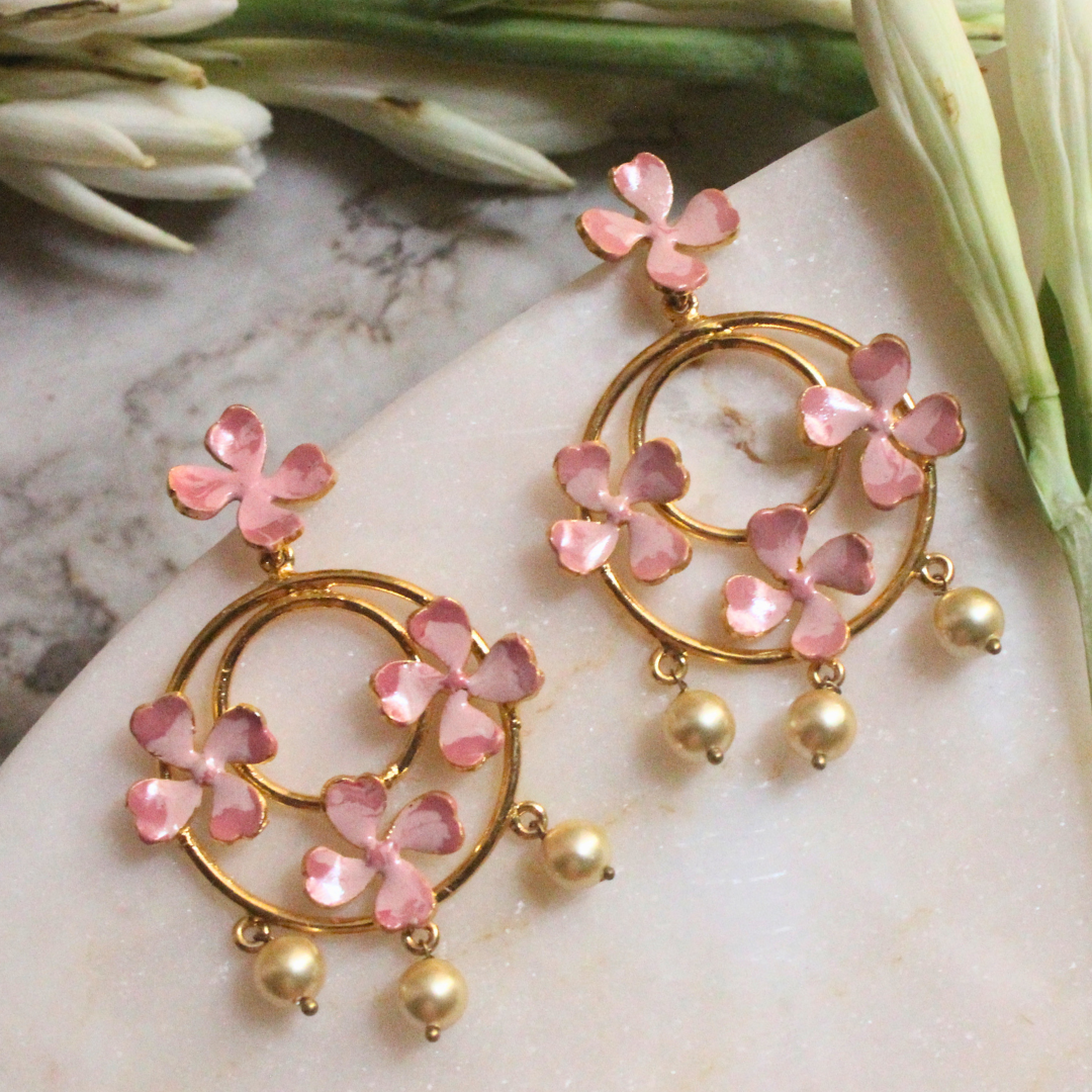 Pink Enamel & Small Pearl Dangler Earrings featuring blush pink floral motifs on dual gold hoops, accented with three dangling faux pearls