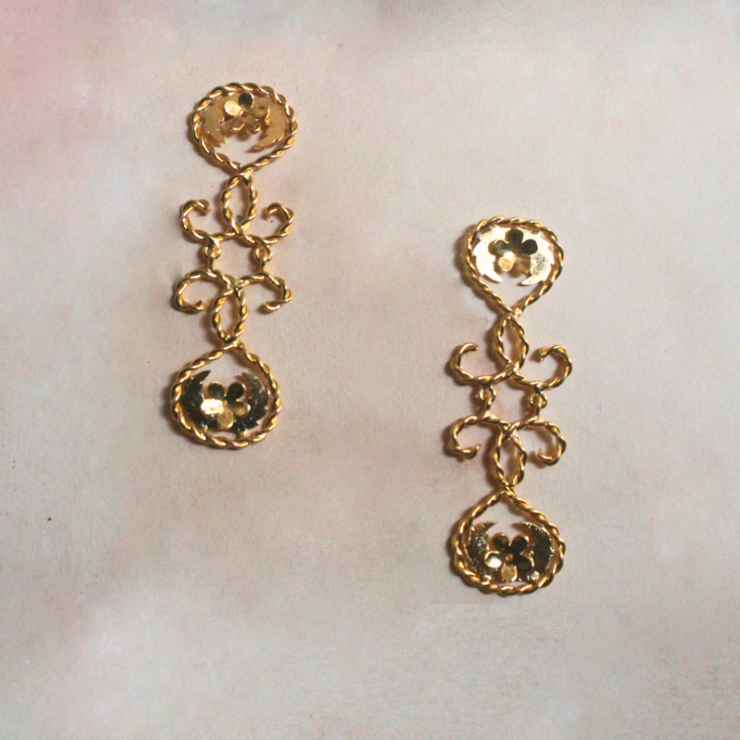 Gold-plated brass earrings with twisted rope detailing and delicate floral accents, forming a cascading silhouette