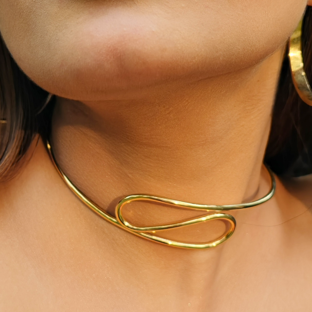 old-plated Infinity Loop Choker necklace crafted from brass, featuring a minimalist open-loop design