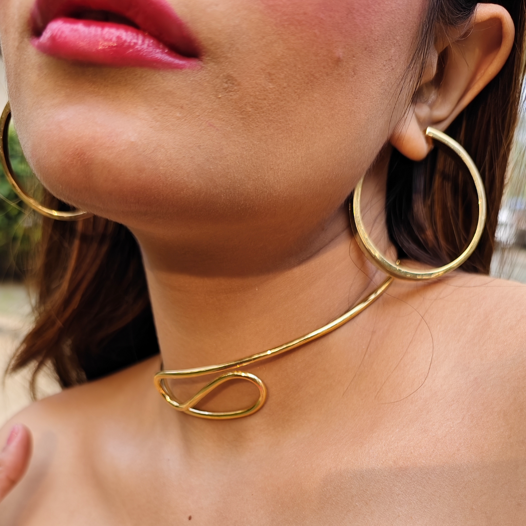 old-plated Infinity Loop Choker necklace crafted from brass, featuring a minimalist open-loop design