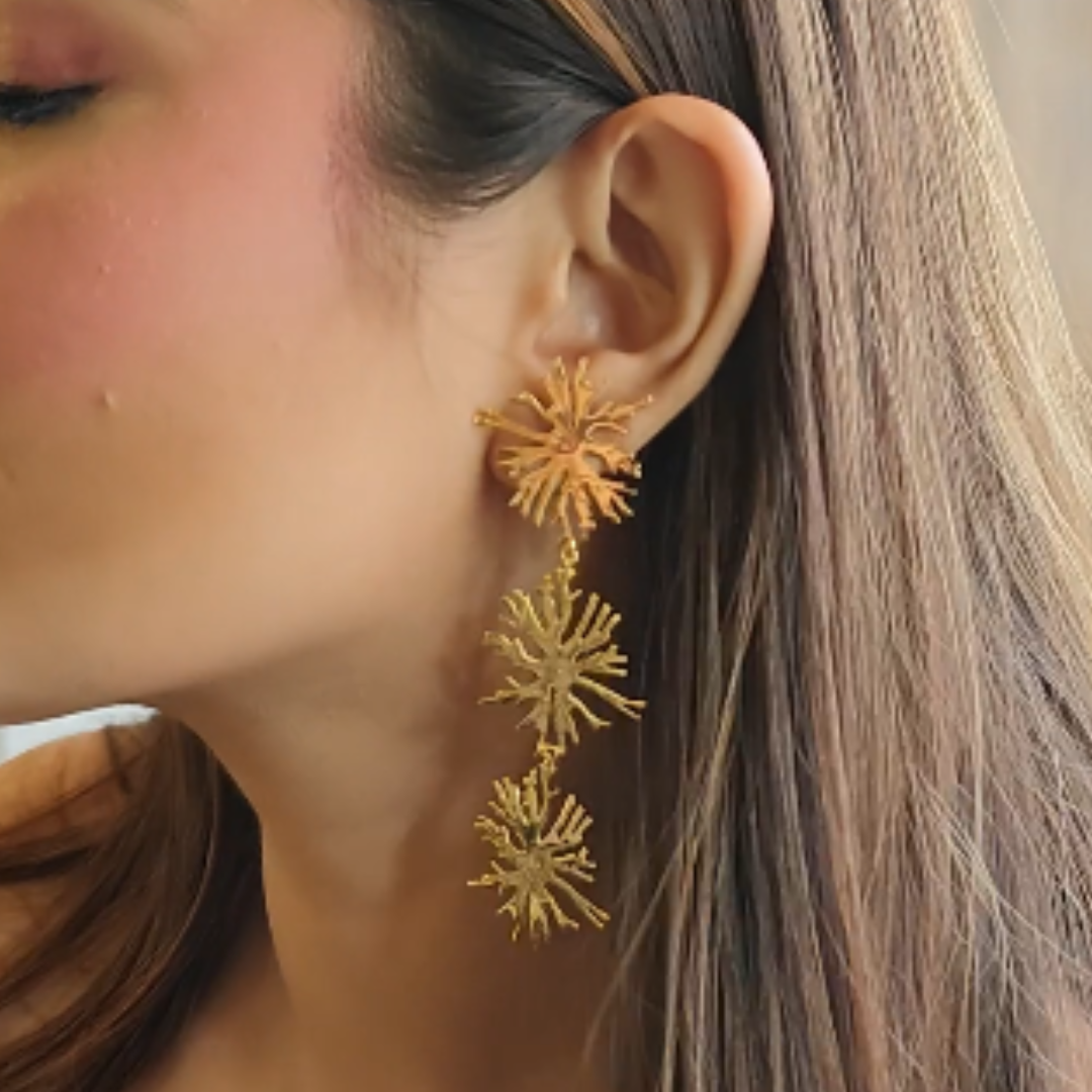 Brass gold-plated Trio Blossom Earrings featuring three cascading floral designs