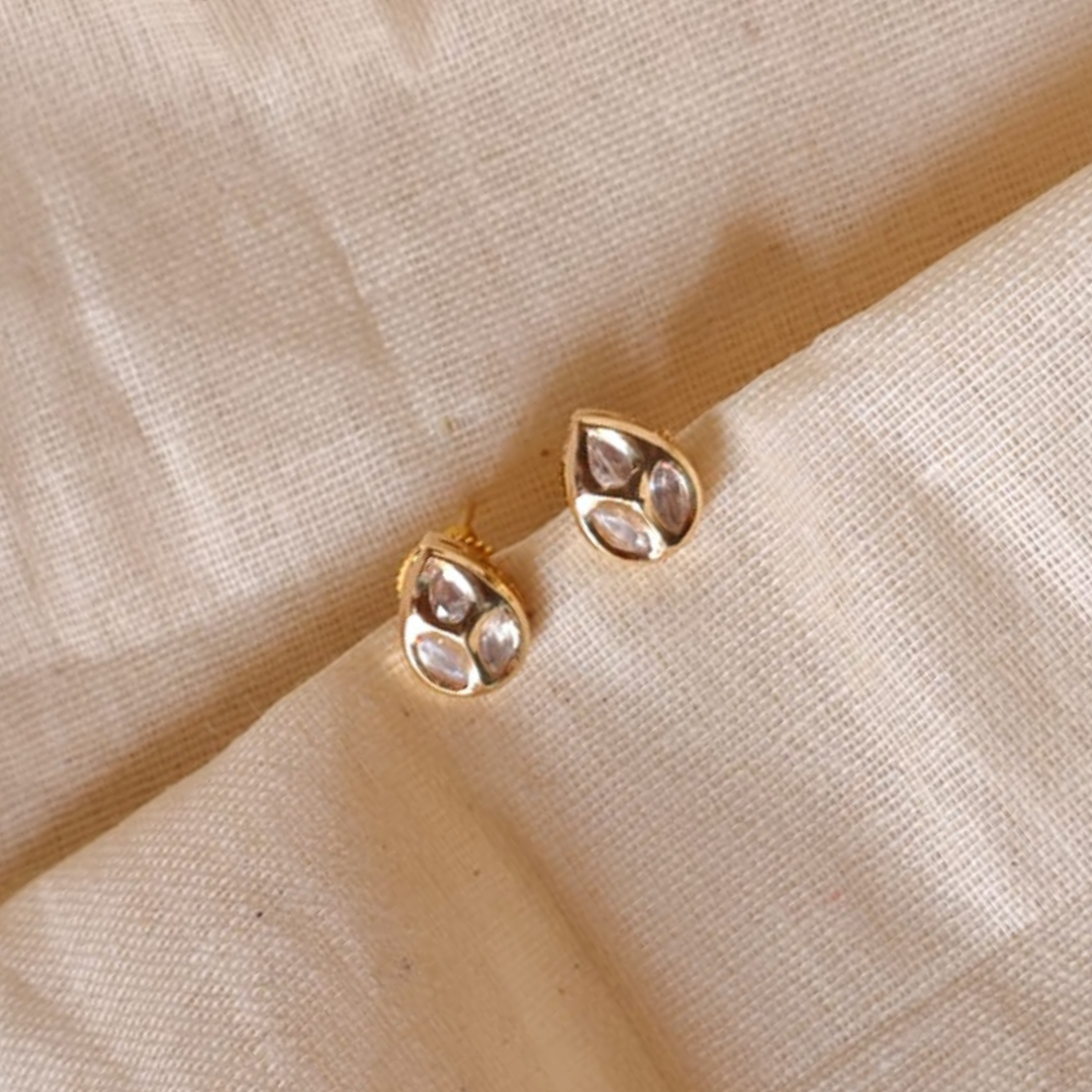 Handmade Drop Shape Kundan stud earrings in brass with 18K rhodium gold plating