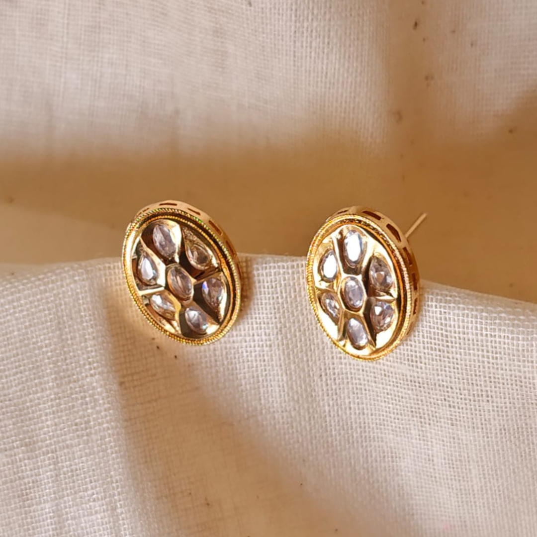 Handmade Oval Shape Kundan stud earrings in brass with 18K rhodium gold plating
