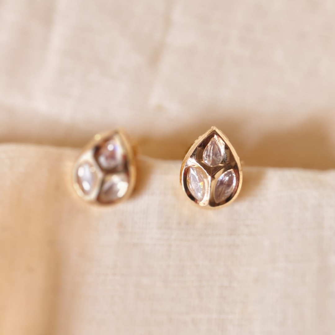 Handmade Drop Shape Kundan stud earrings in brass with 18K rhodium gold plating