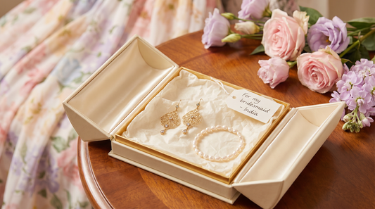 Open gift box with gold earrings and pearl bracelet on ivory tissue paper – KANSYA Jewellery