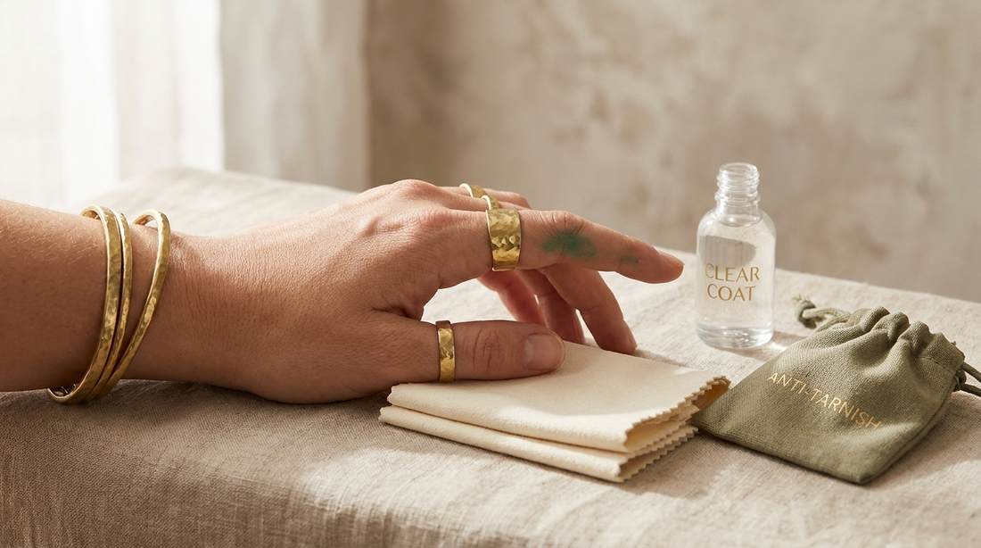 Close-up of brass jewelry leaving a green stain on skin with prevention tips