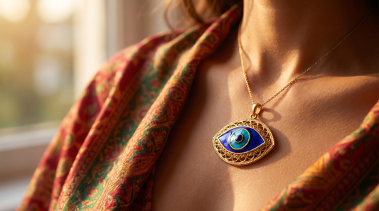Evil eye pendant necklace in cobalt blue and gold on Indian textile fabric – KANSYA Jewellery