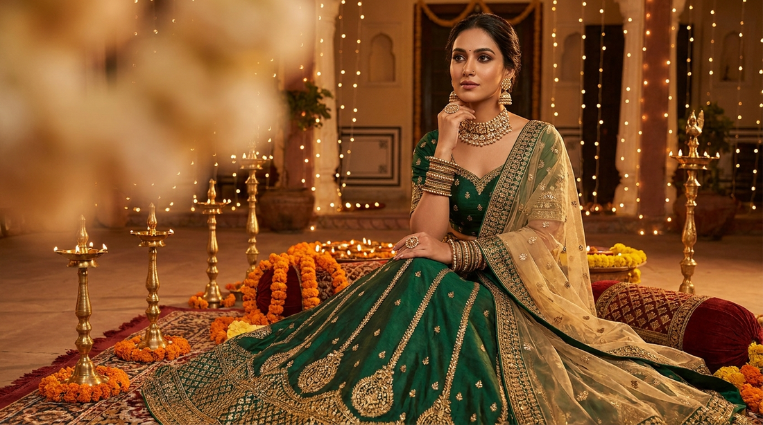 Traditional Indian festive jewelry styled for Diwali and Navratri celebrations with ethnic fashion and warm festive decor