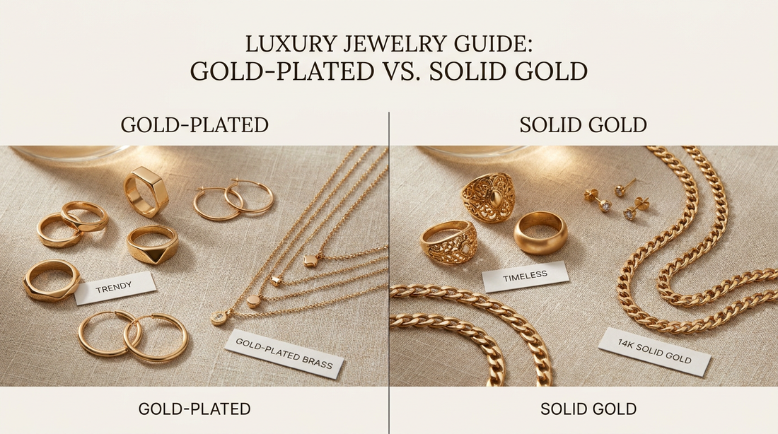 Comparison of gold-plated jewelry and solid gold jewelry showing differences in finish and appearance