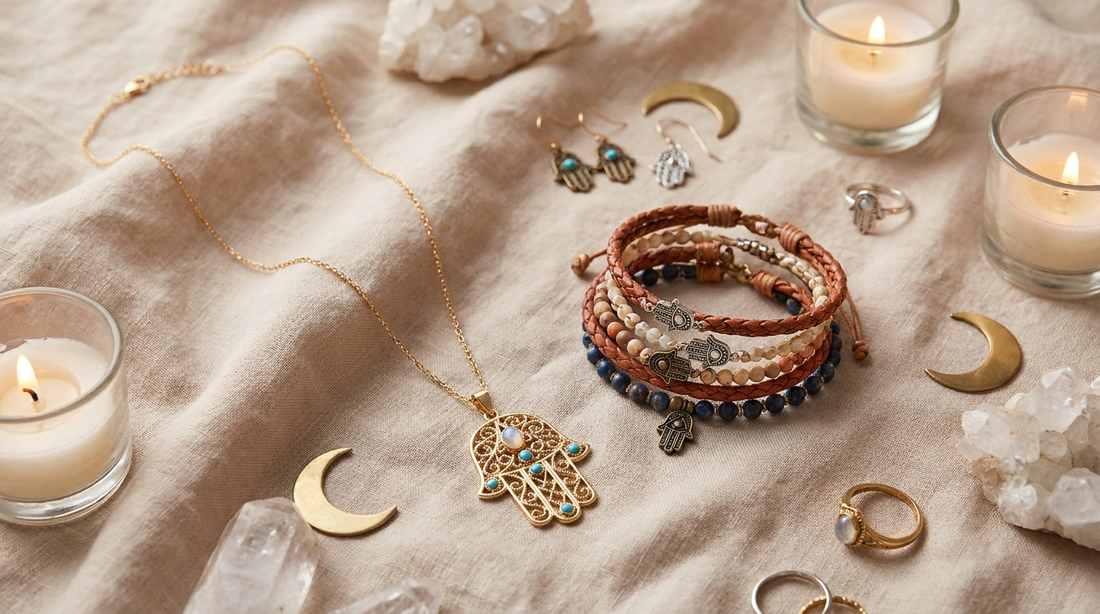 Hamsa Hand jewelry including necklaces and rings displayed in a spiritual luxury editorial setting