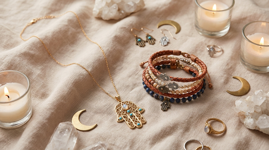 Hamsa Hand jewelry including necklaces and rings displayed in a spiritual luxury editorial setting