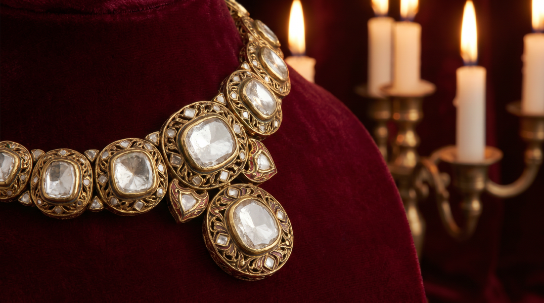 Polki jewellery necklace with uncut diamonds set in gold, Mughal bridal craftsmanship – KANSYA Jewellery