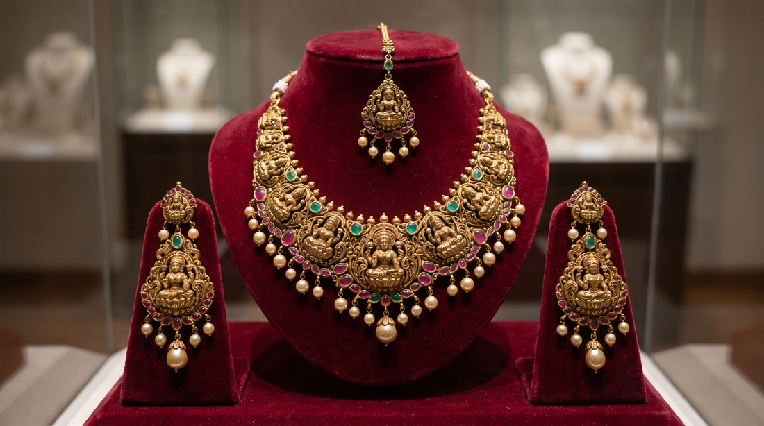 South Indian temple jewellery set with gold necklace and goddess motifs on red velvet – KANSYA Jewellery