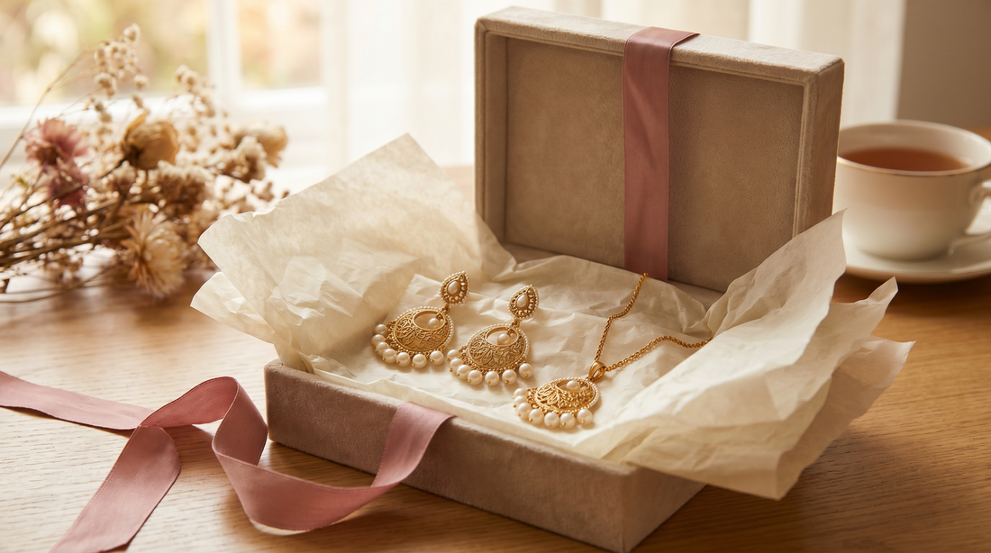 Open jewellery gift box with gold earrings and pearl bracelet on ivory tissue – KANSYA Jewellery
