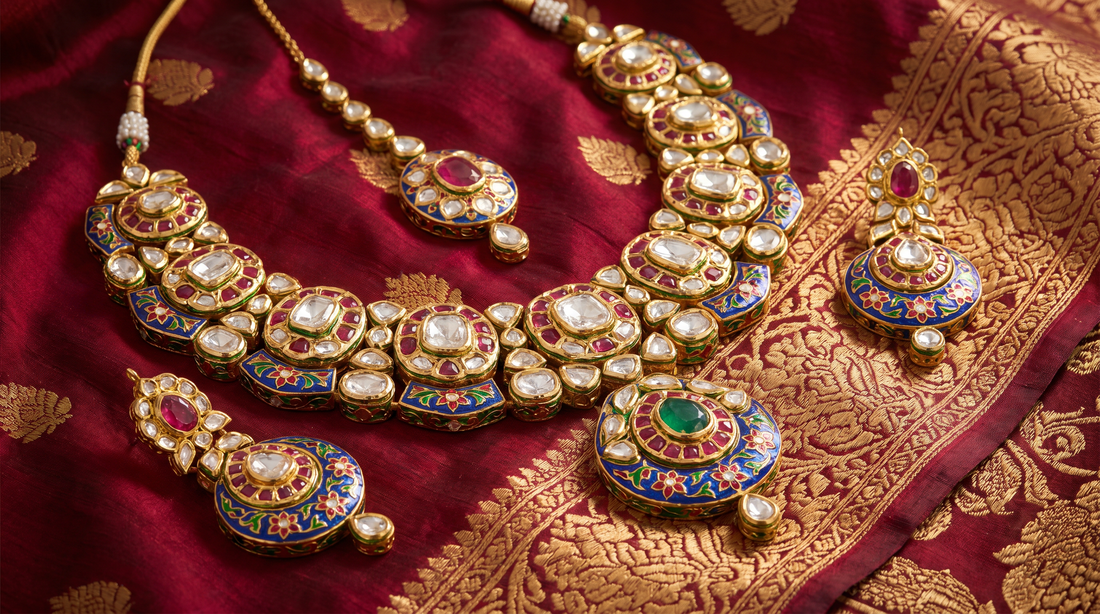 Rajasthani jadau kundan meenakari necklace with gemstones on silk brocade – KANSYA Jewellery