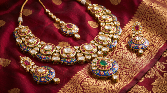 Rajasthani jadau kundan meenakari necklace with gemstones on silk brocade – KANSYA Jewellery
