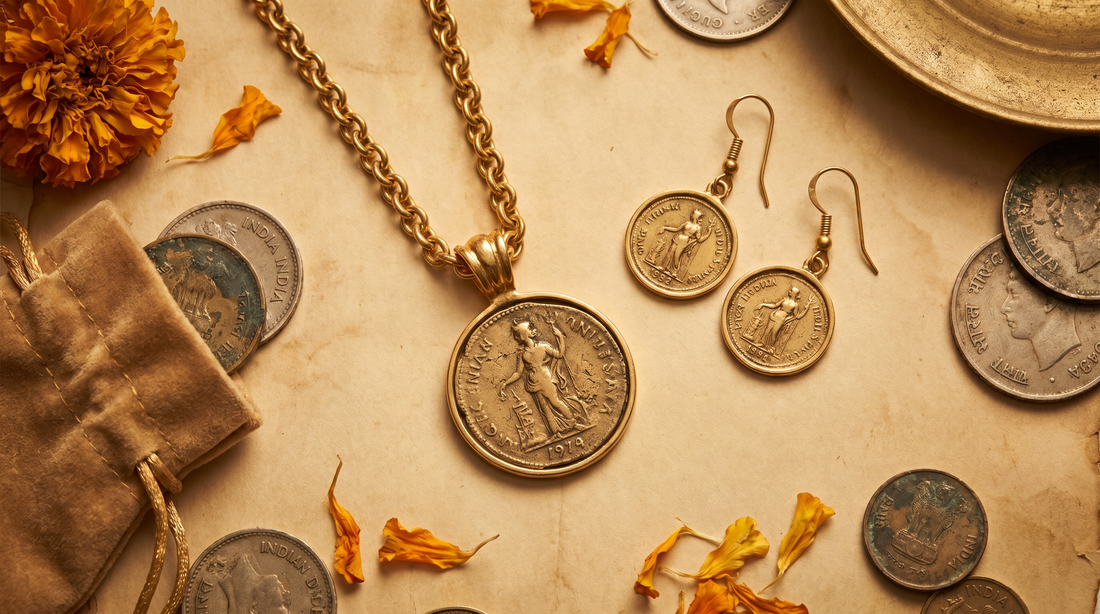 Antique gold coin pendant necklace and coin drop earrings on aged parchment – KANSYA Jewellery