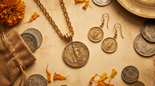 Antique gold coin pendant necklace and coin drop earrings on aged parchment – KANSYA Jewellery