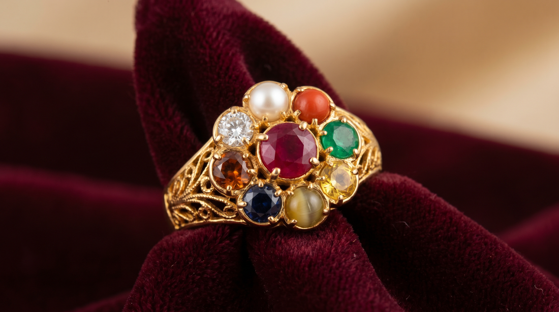 Navratna ring with nine gemstones including ruby, emerald and sapphire set in gold on velvet – KANSYA Jewellery