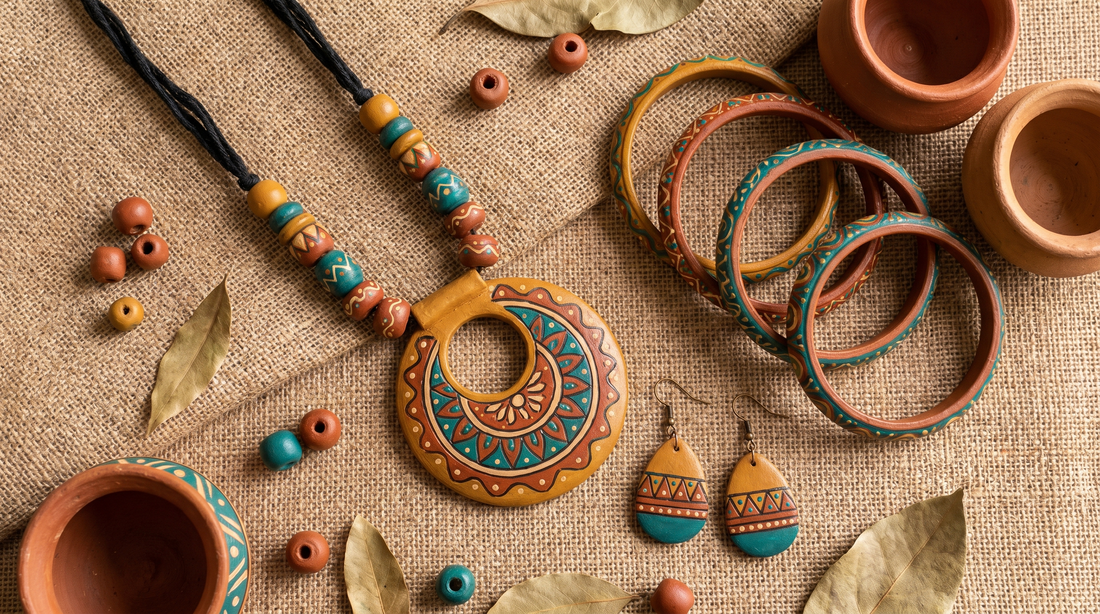 Gold-plated brass jewellery earrings and necklace on white marble – KANSYA Jewellery
